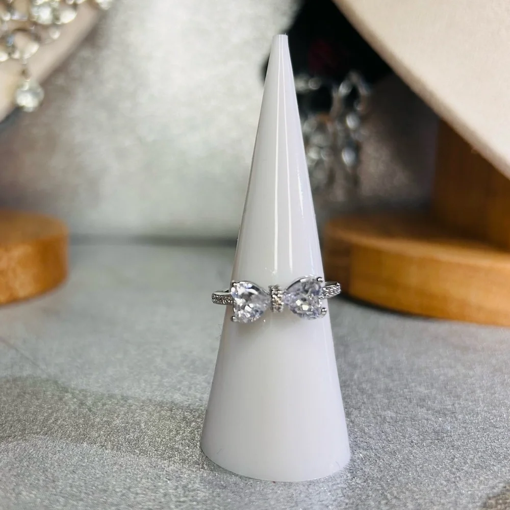 Bow Rhinestone Ring on Silver Tone Fashion Ring